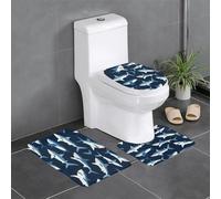Motif De Requins sur Fond Bleu Foncé Lot De 3 Tapis Bain Doux Tapis Contour Toilette Décoratif Carpettes De Toilette pour Maison Intérieur Chambre À Coucher