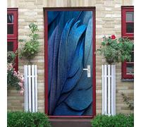 Motif de Texture de Plumes 3D Portephoto Stickers, Amovible éTanche PVC Auto-adhésif Autocollants Porte, Bleu Porte Muraux Auto-adhésif Stickers pour Décoration Intérieure 77x200 cm