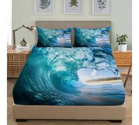 Motif de Vagues DéChaîNéEs Respirant Drap Housse 140x190 cm Bleu Clair Drap-Housse en Microfibre, Drap Plat 1 Personnes, Parure de Lit avec 2 Taie d'oreillers pour Matelas Épais
