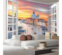 Motif décoratif mural moderne pour salon, effet photo 3D, représentant la ville de Venise, avec son eau et son architecture, sur une façade en tissu intissé (300 cm x 210 cm). Affiche - Giclee - Table