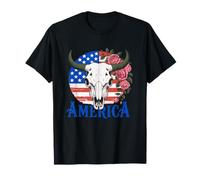 Motif Drapeau américain Taureau crâne Roses T-Shirt