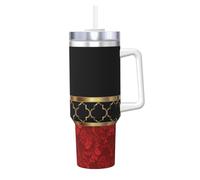Motif élégant à quatre feuilles rouge, noir et or,Gobelet isotherme Ice Bully de 40 oz avec poignée, couvercle et paille, en acier inoxydable, pour voiture ou café.
