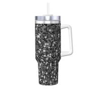 Motif élégant et scintillant à paillettes noires et argentées,Gobelet isotherme Ice Bully de 40 oz avec poignée, couvercle et paille, en acier inoxydable, pour voiture ou café.
