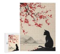 Motif en Vedette : Black Cat and The Cherry Blossom Tree, 500 PCS, Puzzle Décoratif, Loisir Créatif en Intérieur, avec Une Image Décorative Une Fois Terminé