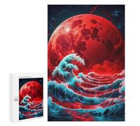 Motif en Vedette : The Wave and The Red Moon, 1000 PCS, Puzzle Décoratif en Bois, Cadeau pour Passionné De Puzzles - À Assembler, Encadrer Et Exposer