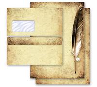 Motif-ensembles de papeterie Antique & Histoire, PLUME D?OIE SUR VIEUX PAPIER 50 feuilles de papier à lettres et 50 enveloppes DIN LONG avec fenêtre | Paper-Media