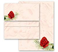 Motif-ensembles de papeterie Motif rose Fleurs & Pétales, Amour & Mariage, ROSE ROUGE 50 feuilles de papier à lettres et 50 enveloppes DIN LONG sans fenêtre | Paper-Media