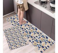 Motif Floral Bleu Lot de 2 Tapis Cuisine antidérapants lavables, Retro Country Anti-Fatigue paillasson Cuisine pour décoration de Maison Bureau Debout, 40x60+40x120cm