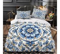 Motif floral bleu Parure de Lit Microfibre Hypoallergique 3D Imprimée Ultra Douce Motifs ornementaux baroques Housse de Couette Fermeture Éclair Douce Résistante for Femmes Single（140x200cm）