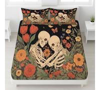 Motif Floral Gothique Drap Housse Doux Housse de Matelas, Impression de Têtes de Mort Papillons Lavable Ajustable Drap-Housse Poche Profonde 30 cm, Ensemble de Literie(100 x 200, Romantique)