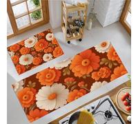 Motif Floral Rétro Années 70 Lot de 2 Tapis Cuisine antidérapants, Fleurs Marguerite Romantiques Absorbe l'eau l'huile, Brun orangé poussière Tapis Cuisine pour l'intérieur - 40x60+40x120cm