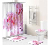 Motif floral Salle de bain Set de 4 pièces avec rideau de douche imperméable, tapis de bain, tapis de toilette et couvercle de toilette, Style 2