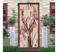 Motif Floral TêTe de Cerf Sticker Porte Décoration PVC étanche Autocollant, Auto-adhésif Autocollant Porte Affiche Beige Clair pour Cuisine Chambre Salle de Bain Papier Peint 73x205 cm