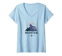 Motif Graphique de Boussole Mountain Spirit Adventure T-Shirt avec Col en V, Femme, Bleu Céleste, L
