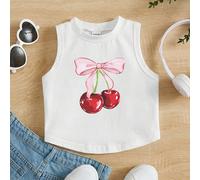 Motif graphique nœud et cerise, débardeur rond à col rond minimaliste de style décontracté de fille jeune, convient pour l'été 6Y,7Y,8Y,9Y,4Y,5Y,3-4YCartoon,Portrait,PlantesÉtoffe