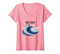 Motif Graphique Wave Rider Surfer Ocean Beach T-Shirt avec Col en V, Femme, Rose, S
