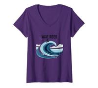Motif Graphique Wave Rider Surfer Ocean Beach T-Shirt avec Col en V, Femme, Violet, M