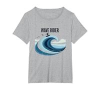 Motif Graphique Wave Rider Surfer Ocean Beach T-Shirt, Femme Grandes Tailles, Gris Chiné, 4X