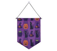 Motif Halloween Chat Noir Citrouille Violet Crochet Mural avec Barre Télescopique Affiche de Patio Extérieure Dernière Intervention pour Porte, Murs, Fenêtres