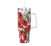 Motif imprimé de coquelicots,Gobelet isotherme Ice Bully de 40 oz avec poignée, couvercle et paille, en acier inoxydable, pour voiture ou café.