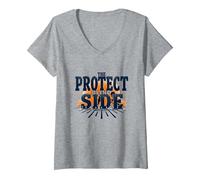 Motif Joueur de Ligne de Football Protect The Blind Side T-Shirt avec Col en V, Femme, Gris Chiné, S