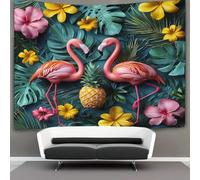 Motif menthe Murale À Suspendre, Small Flamant roses And Yellow Ananass Tapisserie Esthétique,pour Chambre Dortoir Fête Décoration De La Maison Pour Le Salon 150cmx200cm
