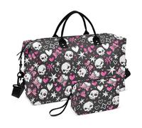 Motif noir et rose poudré avec crânes blancs fond noir mignon nœud sur la tête, cœurs, étoiles et nœuds dans le style de Monster High Sac de voyage Sac de voyage Sac de week-end Sac de sport