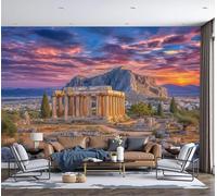 Motif Papier Peint Soie Panoramique Coucher De Soleil Temple Grec, Papier Peint Architecture Ancienne Réaliste, 250x175cm Wallpaper Décoration Murale Pour Salon Chambre Bureau Couloir, Jaune Pâle
