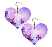 Motif Papillon Sur Fleurs Violettes Femme Boucles D'Oreilles Faux Cuir Pendantes Dangle