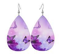 Motif Papillon Sur Fleurs Violettes Femme Boucles D'Oreilles Faux Cuir Pendantes Dangle