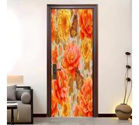 Motif Pivoine Et Papillon Sticker Mural Porte 73x205 cm Autocollant Décoration - Poster de Porte Jaune Orangé Résistant aux Rayures et aux Taches Stickers Muraux - Film Adhésif