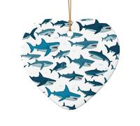 Motif requin avec différents gestes imprimés de Noël en céramique en forme d'étoile en forme de cœur Décoration de sapin de Noël pour la maison, le bureau, les vacances à suspendre