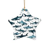 Motif requin avec différents gestes imprimés de Noël en céramique en forme d'étoile en forme de cœur Décoration de sapin de Noël pour la maison, le bureau, les vacances à suspendre