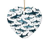 Motif requin avec différents gestes imprimés de Noël en céramique en forme d'étoile en forme de cœur Décoration de sapin de Noël pour la maison, le bureau, les vacances à suspendre