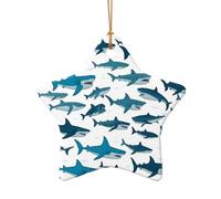 Motif requin avec différents gestes imprimés de Noël en céramique en forme d'étoile en forme de cœur Décoration de sapin de Noël pour la maison, le bureau, les vacances à suspendre
