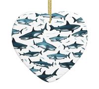 Motif requin avec différents gestes imprimés, décorations exquises en céramique en forme de cœur pour arbres de vacances ou maisons
