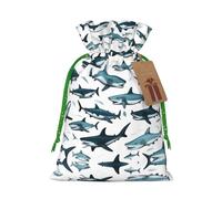 Motif requin avec différents gestes imprimés, petite pochette à cordon pour cadeaux, sac cadeau réutilisable, pour les vacances et les cadeaux de fête