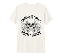 Motif rétro Rose et crâne « Sometimes Sweet Mostly Savage » T-Shirt Haut de Gamme