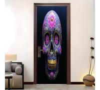 Motif TêTe de Mort Marguerite Rose Sticker Porte Décoration PVC étanche Autocollant, Auto-adhésif Autocollant Porte Affiche Noir pour Cuisine Chambre Salle de Bain Papier Peint 90x200 cm