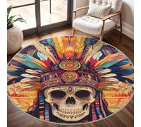 Motif TêTe de Mort Tribale à Plumes Tapis Rond 100 cm Intérieur & Extérieur Doux Antidérapant Lavable en Machine, Coloré Tapis Décoratif de Style Moderne pour Salon Chambre Salle à Manger