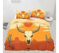 Motif TêTe De Taureau du DéSertHousse de Couette 135x200 Orange 3 Piè Parure de Lit Microfibre avec Fermeture Éclair, Parure de Couette avec 2 Taie Oreillers 65x65cm