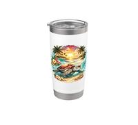 Motif tortue de mer tropicale, coucher de soleil, plage, océan, paradis Gobelet isotherme en acier inoxydable double paroi