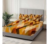 Motif Triangulaire sans Couture Drap-Housse Imprimé Couleur Orange, Parure De Lit Imprimé 180 x 200 cm, avec Deux Taies d'oreiller Beige Poche de 30 cm - Antidérapants Résistant aux Rides Drap Housse