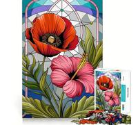 Motif vitrail ︰ Harmonie de Coquelicots et d'hibiscus, Puzzle de 1000 pièces pour Adolescents, Jeu de réflexion Simple et Amusant, découpe précise, Cadeau du Père Noël 38x52cm