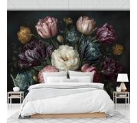 Motifs Floraux Réalistes Papier Peint Style Peinture À L'Huile Classique Papier Peint Panoramique Noir - Pour Salon Chambre Chambre D'Enfant Décoration Murale Poster 396 X 280 Cm