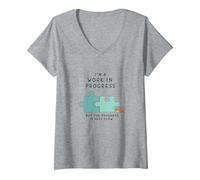 Motivation I'm a Work in Progress Croissance Lente T-Shirt avec Col en V, Femme, Gris Chiné, L