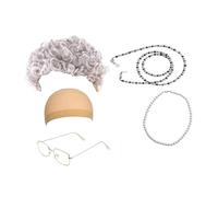 MotiveTech 5 Pièces Perruque Vieille Dame Ensemble Grand-mère Collier Chaîne Lunettes Polyester Résistant Facile à Utiliser Convient Fête Spectacle Événement, Cheveux Bouclés Argentés