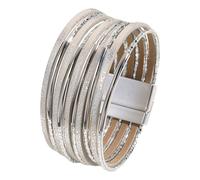 MotiveTech Bracelet Femme Élégant Manchette Cuir PU Multirangs Fermoir Alliage Mode Moderne Confort Adapté Aux Occasions Spéciales Soirées Bureau, Argent