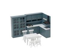 MotiveTech Cuisine Miniature avec Table à Manger Réaliste Cuisine Maison Poupée Complet Accessoires Maison Poupée pour Collectionneurs, Bleu-Vert