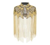 MotiveTech Étole de Soirée Femme Cape Châle Shrug à Sequins Finition Perles et Franges Longues en Maille Transparente avec Drape Structuré Polyester Ouverture De, Doré, Noir Et Doré, Taille Unique